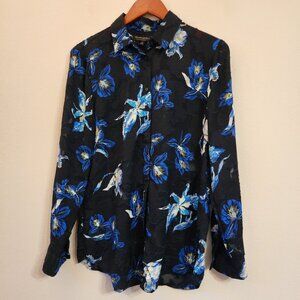 Banana Republic Dillon Classic Fit Blouse Sheer Black Blue Floral Women Sz M